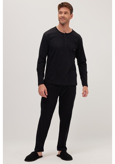 Tudors Erkek Standart Fit Normal Kesim %100 Pamuk Bisiklet Yaka Beli Lastikli Siyah Pijama Takımı-37947 Siyah