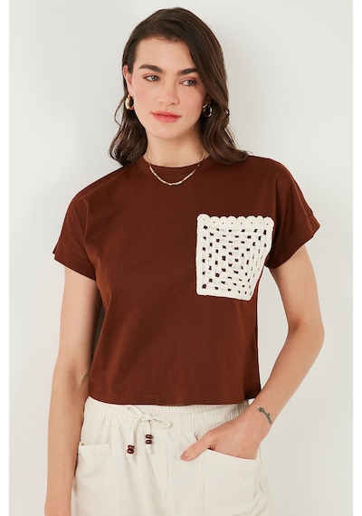 Lela Pamuklu Tek Cepli Regular Fit Bisiklet Yaka Bayan T Shirt 5865818 Kahve