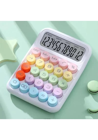 Valkyrie Renkli Çok Şirin 12 Hane Mekanik Hesap Makinası Büyük Ekranlı 4 Fonksiyonlu Ev Ofis Okul Beyaz