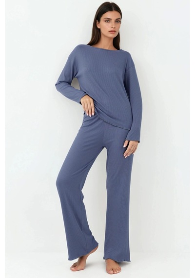 Hiccup Yüksek Bel Uzun Kollu Pijama Takımı Oxford Mavisi