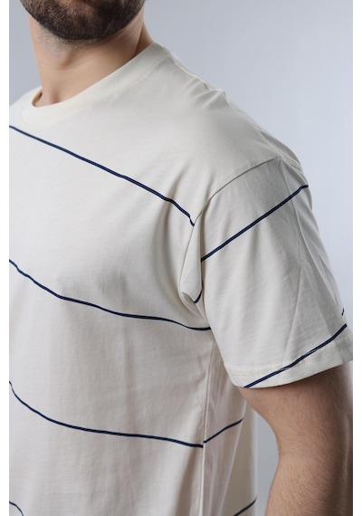 Madmext Ekru Bisiklet Yaka Basic Çizgili Erkek T-shirt E7102 Ekru