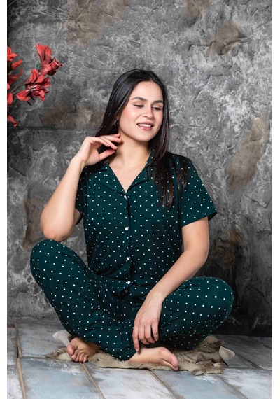 Lukitus Gömlek Yaka Milan Kumaş Kısa Kol Pijama Takımı Yeşil