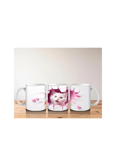 Pembe Kalplerle Süslenmiş Tatlı Kedi Baskılı Kahve Kupası Çok Renkli
