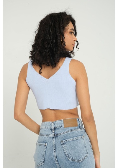Hiccup V Yaka Fitilli Örme Fermuarlı Crop Top Mavi