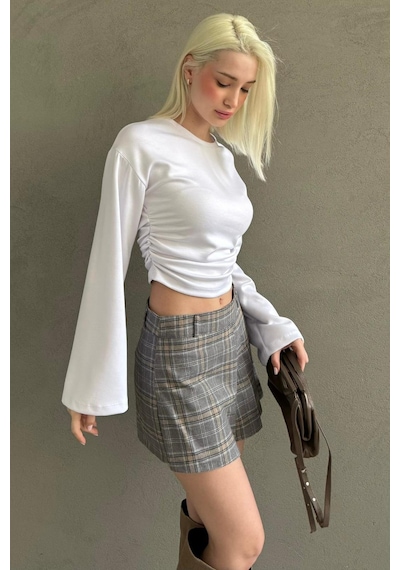 Madmext Gri %100pamuklu Ekose Desen Pileli Mini Şort Etek Mg2629 Gri
