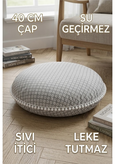 Sandalye Minderi Yuvarlak Gri Çiçek Desenli Ponponlu Leke Tutmaz Bahçe Sandalye Pufu 40cm Çok Renkli