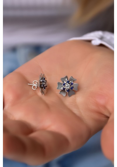 Papatya Silver 925 Ayar Gümüş Rodyum Kaplama Eylül Ayı Doğum Taşı Tohumlu Linum Çiçeği Küpe