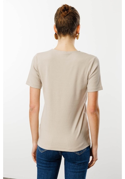 Desen Triko V Yaka Yakası Nakış İşlemeli Pamuklu Kadın T-shirt 25758d Bej
