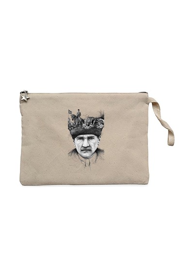 18 Mart Atatürk Portresi Krem Clutch Astarlı Cüzdan / El Çantası