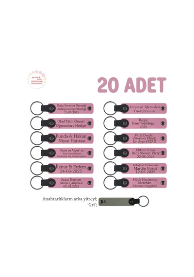 Pembe & Gri, Öğretmene El Emeği Gibi Değerli, 20'li Set, Kişiye Özel Yazılı Deri Anahtarlık