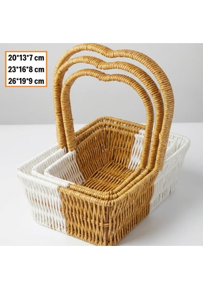 Büro Ev Ofis Düzeni İçin 3parça Hasır Stil Rattan Plastik İçe Geçen Çift Renk Dörtgen Kalp Saplı Sepet Seti Diğer