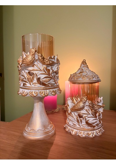 Kuşlu Ayaklı Ve Kapaklı Dekoratif Cam Mumluk & Şekerlik Seti Beyaz Altın Varak Eskitme 2'li Şamdan & Kavanoz 27x12 Cm & 23x12 Cm Çok Renkli 86905866