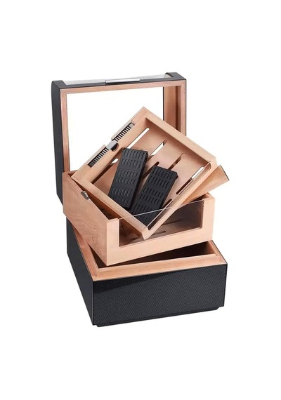 Cigarloong Karbon Desen Camlı Katlı Humidor Puro Kutusu 150s