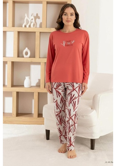 Pijamoni Kadın Milan Bisiklet Yaka Uzun Kol İnce Pijama Takımı 7600/18 - 1 Adet Nar