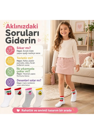 Womanandkids Wak Kız Çocuk Pamuklu 4'lü Meyve Desenli Çorap Kiraz Karpuz Çilek Avokado Günlük Bilek Çorabı Çok Renkli