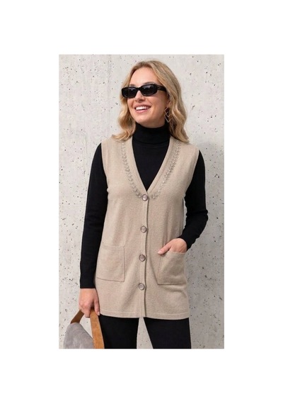 Onno Style Women Yakası Taşlı Çelik Örgü Triko Kadın Yelek Krem