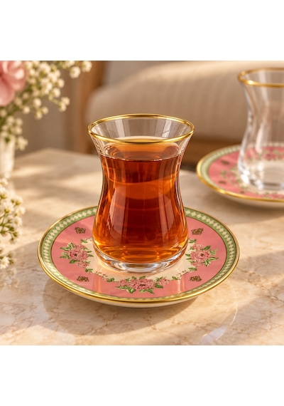 6 Kişilik Çay Seti Çay Bardağı Takımı Pembe Çiçekli Altın Yaldızlı