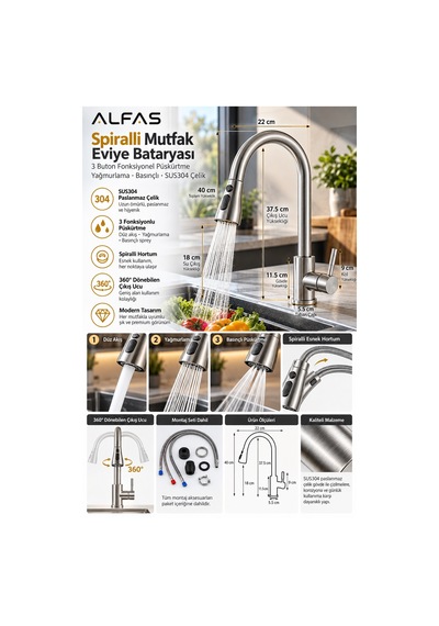 Alfas Spiralli Mutfak Eviye Bataryası İnox 3 Buton Fonksiyonel Yağmurlama Basınçlı 304 Çelik Inox