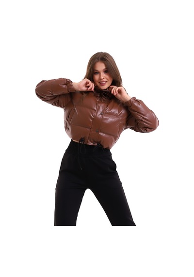 Winmoda34 Deri Kadın Şişme Mont Kısa Kahve