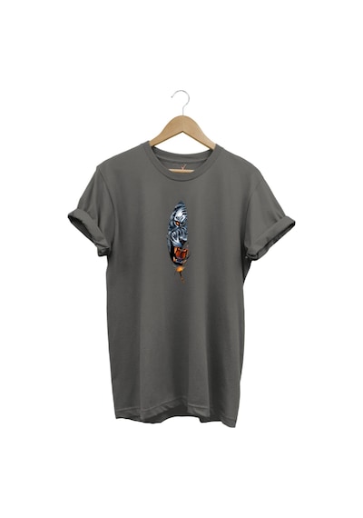 Kaplan Tüy Baskılı Şık Minimal %100 Pamuk Regular Fit Bisiklet Yaka Gri T-shirt Gri