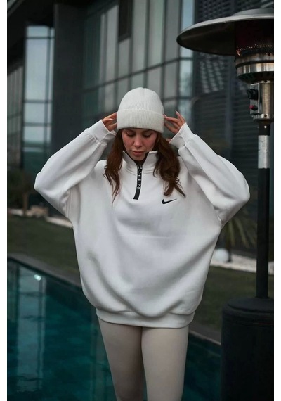Kadın Yarım Fermuarlı Üç İplik Şardonlu Pamuklu Sweatshirt - Beyaz