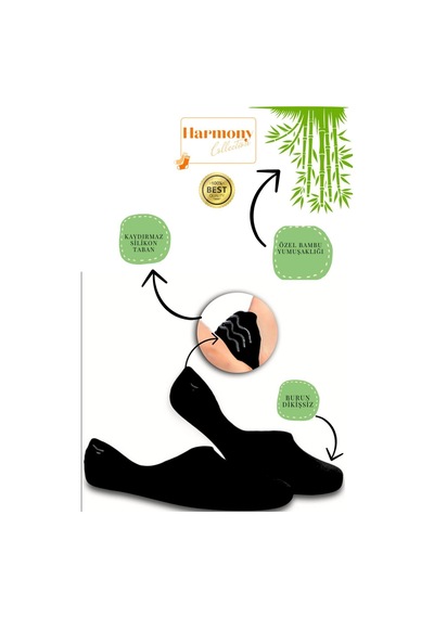 Harmony Collectıon Bambu Kadın Siyah Babet 6 Çift Özel Kutulu, Burun Dikişsiz Ve Silikonlu Kaydırmaz Topuk Premıum