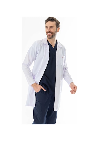 Spor Yaka Uzun Boy Erkek Doktor Önlüğü Alpaka Kumaş Beyaz Beo102 Beyaz