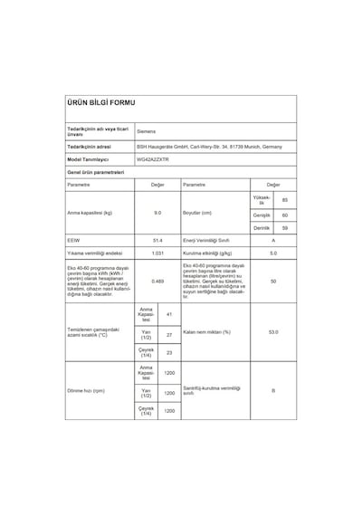 Siemens WG42A2ZXTR 1200 Devir 9 KG Çamaşır Makinesi