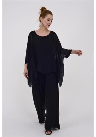 Bohem Stil İtalyan Yarasa Kol İpek Bluz & Pantolon Takım-8767 Siyah1 Siyah