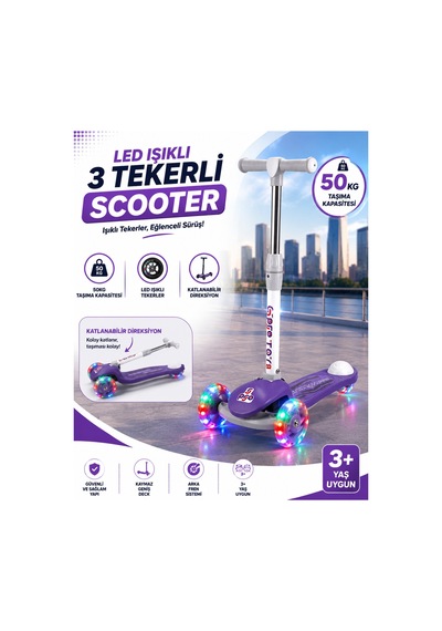 Gtpro Çocuk Scooter Katlanabilir 3+yaş 3tekerli Led Işıklı 50kğ Kapasite Mor