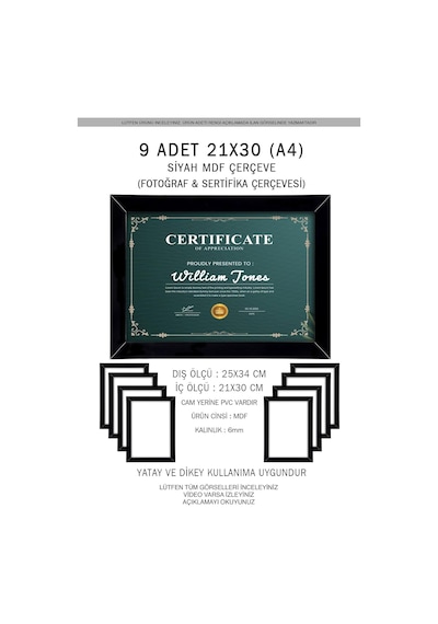 Yhfoto 9 Adet A4 Siyah Mdf 21x30 & Sertifika Siyah 21 X 30 Standart