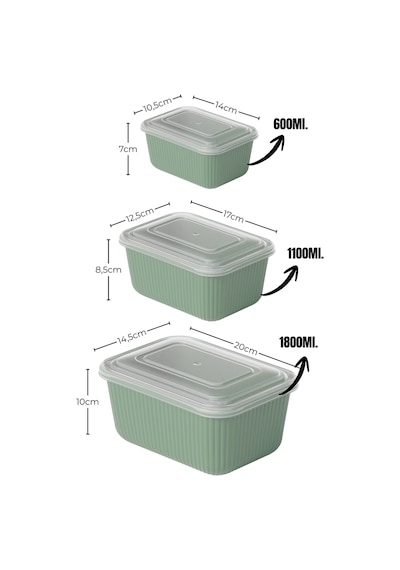 3'lü Set Dikdörtgen Çizgili Mikrodalga Ve Difrize Uygun Saklama Kabı -600/1100/1800ml. Antrasit