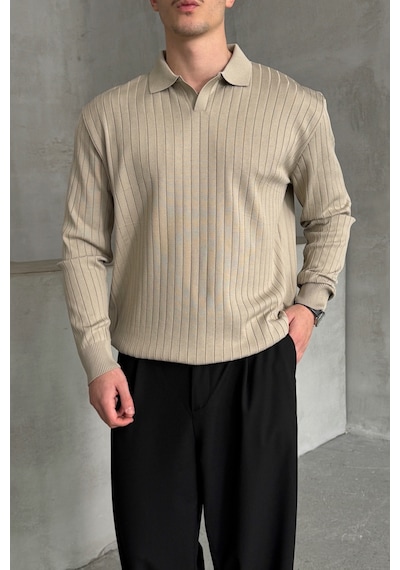 Erkek Polo Yaka Fitilli Oversize Triko Kazak Bej