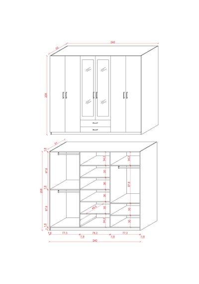 Asra Trend 6 Kapaklı Gardırop G-05 %100 MDF 2 Çekmeceli Aynalı Elbise Dolabı Sonoma