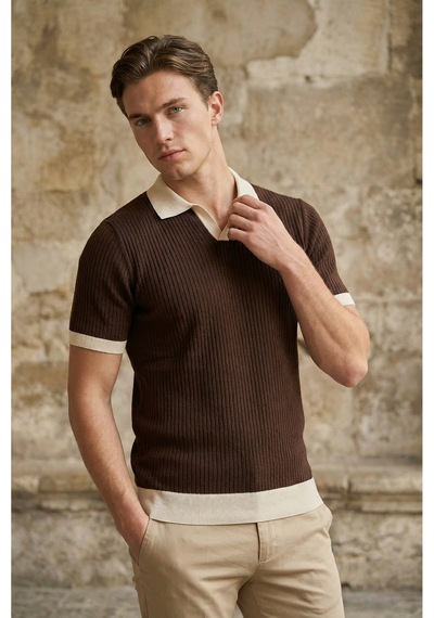 Sayzen Your Shine Sayzen Polo Yaka Çizgili T-shirt Mansum2601 Kahverengi