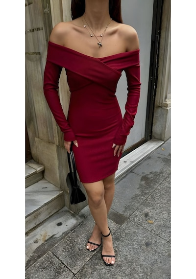 Lymens Noir Elegance Çapraz Bant Detaylı Elbise Bordo