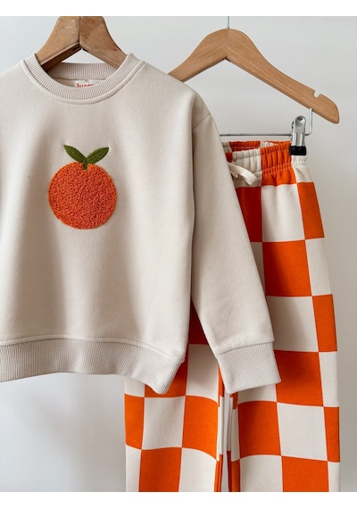 Magu Çocuk Portakal Nakışlı Ekru Sweatshirt Ve Turuncu Dama Eşofman Takımı Çok Renkli