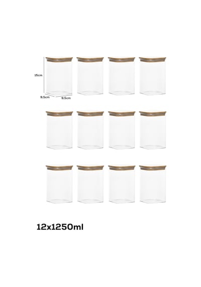 Porsima 6-4 Bambu Vakumlu Kapaklı Kare Borsilikat Cam 12li Kavanoz Seti Saklama Kabı 1250ml 9,5x15cm