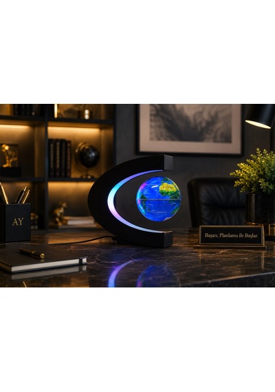 Led Işıklı Manyetik Havada Dönen Dünya Küresi Dekoratif Masa Lambası Globe Biblo 17 Cm