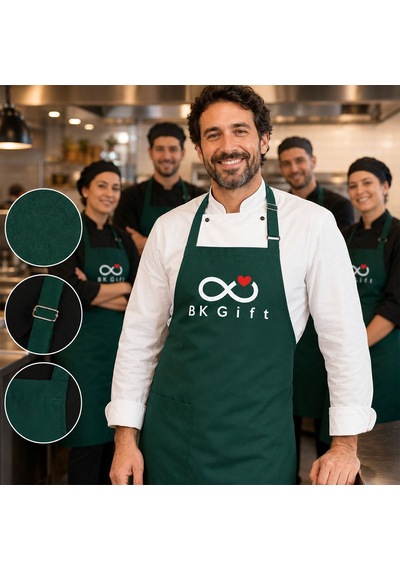 Logonuza Özel 10 Adet Yeşil Mutfak Önlüğü - Ayarlanabilir Boyun Askısı - Ön Cepli