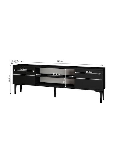 Aragon Modern Tv Sehpası 140 Cm, 2 Kapaklı + 2 Açık Raflı Tv Ünitesi - Siyah