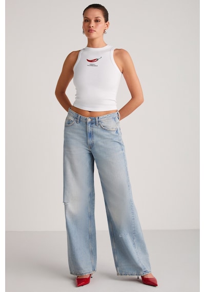 Ethıquet Spıce Kadın Bisiklet Yaka Kalın Askılı Baskı Detaylı Crop Organik Pamuklu Örme Kumaş Beyaz T-shirt