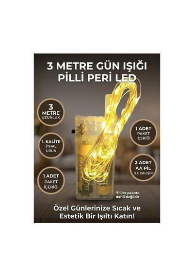 3 Metre Gün Işığı Pilli Peri Led Işık - Dekoratif Bakır Tel Led Aydınlatma Sıcak Sarı