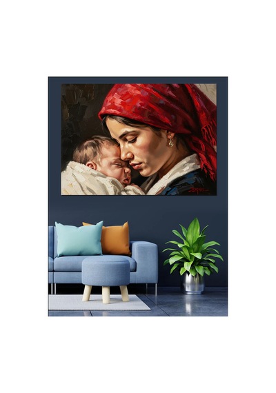 Bebeğine Sarılan Şefkatli Anne Portresi Yağlı Boya Dokulu Kanvas Tablo Canvas Tablosu