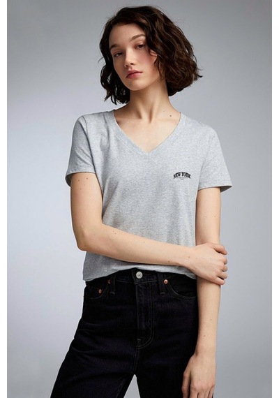 Kadın V Yaka New York Tshirt Spr25tsk20 Gri Melanj Kadın V Yaka New York Tshirt Spr25tsk20 Gri Melanj