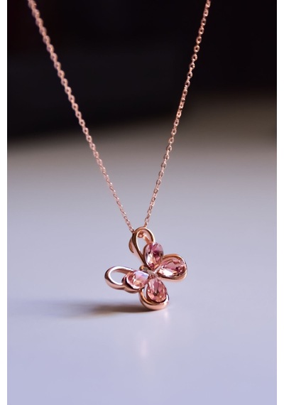 925 Ayar Gümüş Rose Kaplama Zirkon Taşlı Pembe Morpho Kelebeği Kolye