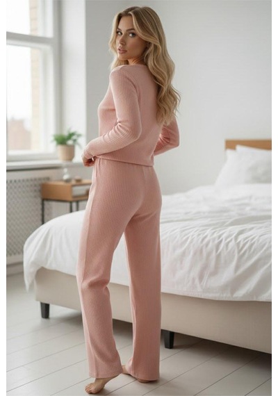 Siyah İnci Fırçalı Yumuşak Dokulu Fitilli Kaşkorse Örme Düğmeli Hırka Pijama Takım Somon
