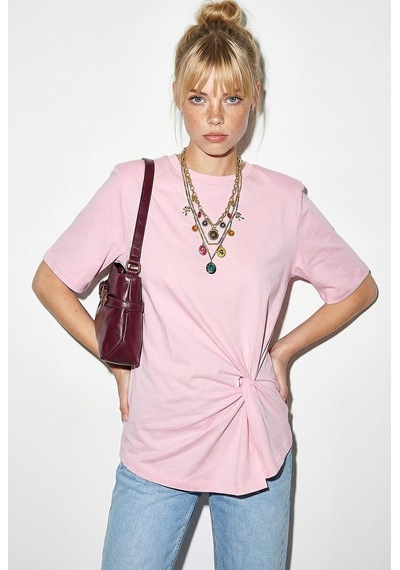 Shade Kadın Vatkalı Omuz Detaylı Düğüm Detaylı Kısa Kollu T-shirt 1067 60286068 - Pembe