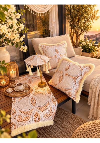 Missidea Lace Elegance Dantel Desenli Dekoratif Masa Üstü Lambası Bali Şemsiyesi Seti Şemsiye + Runner + 2 Li Kırlent Kılıfı Krem