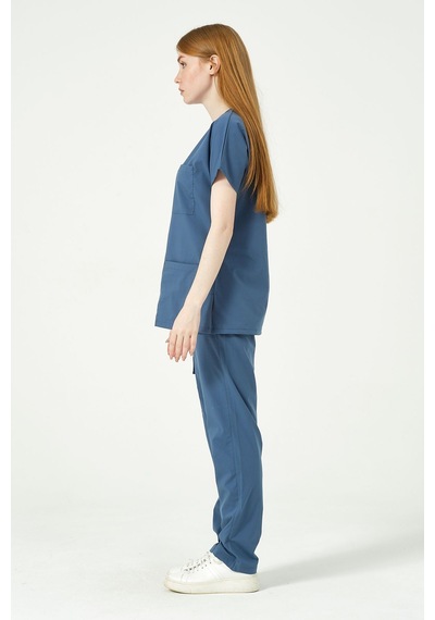 İndigo Likralı Scrubs Kargo Cep Doktor Hemşire Forması Yarasa Kol Takım Unisex